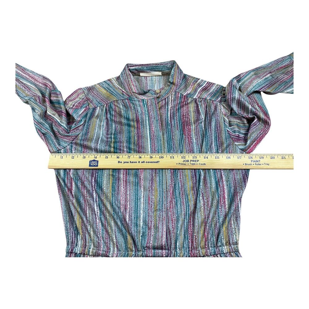 VTG 70s Metallic Striped Midi Dress High Neckline Shirtdress Long Sleeve SMALL - Picture 12 of 14